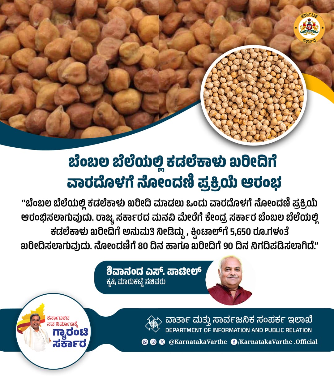 ಚಿತ್ರದುರ್ಗ, ಬಳ್ಳಾರಿ, ದಾವಣಗೆರೆ ಸೇರಿ 13 ಜಿಲ್ಲೆಗಳಲ್ಲಿ ಬೆಂಬಲ ಬೆಲೆಯಲ್ಲಿ ಕಡಲೆಕಾಳು ಖರೀದಿ