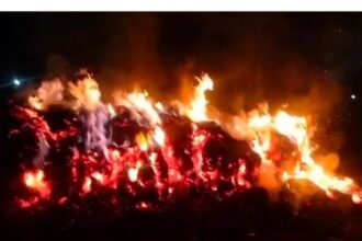 ಬೆಂಕಿ ಕೆನ್ನಾಲಿಗೆಗೆ ಮೆಕ್ಕೆಜೋಳ, ರಾಗಿ, ಶೇಂಗಾ ಹೊಟ್ಟಿನ ಬಣವಿ ಭಸ್ಮ