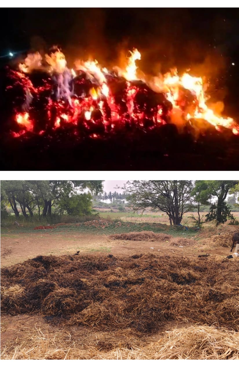 ಬೆಂಕಿ ಕೆನ್ನಾಲಿಗೆಗೆ ಮೆಕ್ಕೆಜೋಳ, ರಾಗಿ, ಶೇಂಗಾ ಹೊಟ್ಟಿನ ಬಣವಿ ಭಸ್ಮ