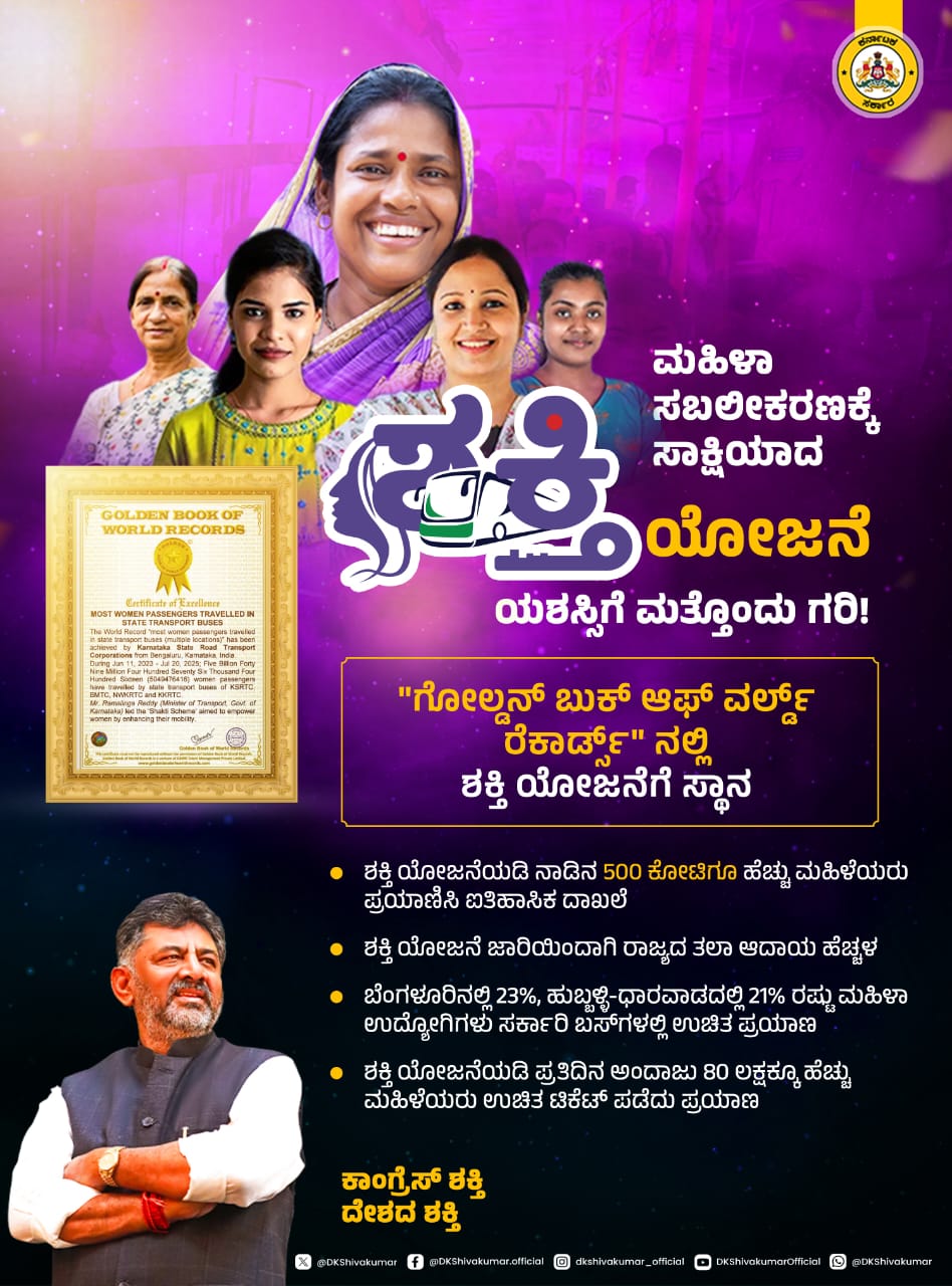 ‘ಶಕ್ತಿ’ ಯೋಜನೆಗೆ ವಿಶ್ವ ದಾಖಲೆಯ ಗರಿ!