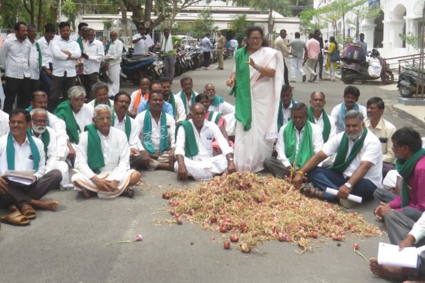 ಈರುಳ್ಳಿ ಬೆಳೆ ನಷ್ಟ ಪರಿಹಾರಕ್ಕಾಗಿ ಜಿಲ್ಲಾಧಿಕಾರಿ ಕಚೇರಿ ಎದುರು ಈರುಳ್ಳಿ ಸುರಿದು ಪ್ರತಿಭಟಿಸಿದ ರೈತರು