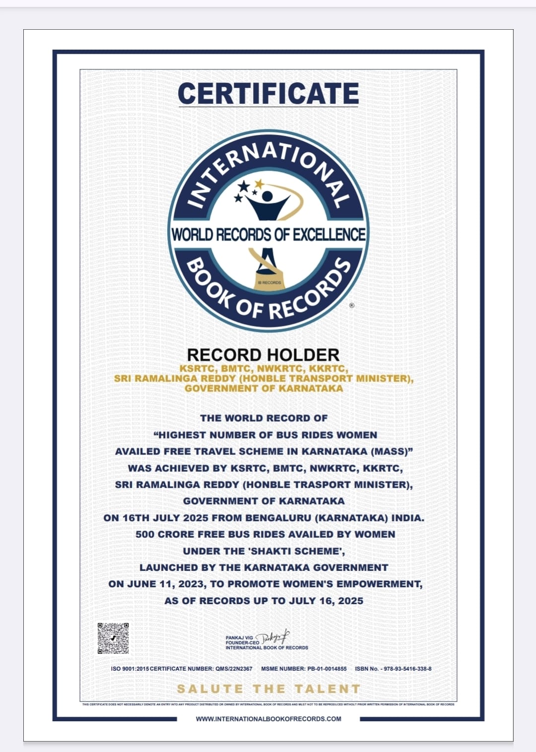 ಮತ್ತೊಂದು ವಿಶ್ವ ದಾಖಲೆ ನಿರ್ಮಿಸಿದ ಶಕ್ತಿ ಯೋಜನೆ