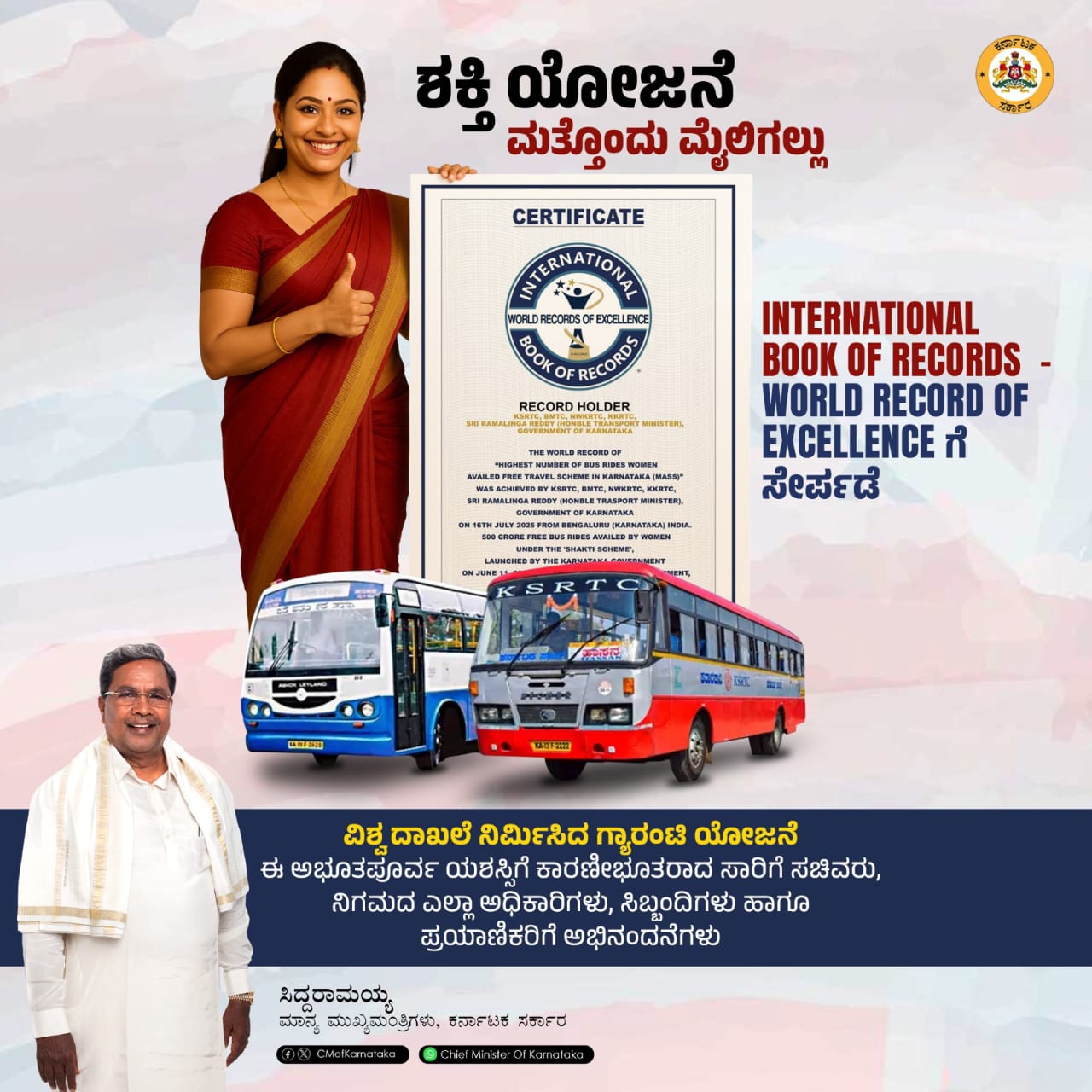 ಮತ್ತೊಂದು ಮೈಲಿಗಲ್ಲು ಸಾಧಿಸಿದ ಶಕ್ತಿ ಯೋಜನೆ-ಸಿಎಂ