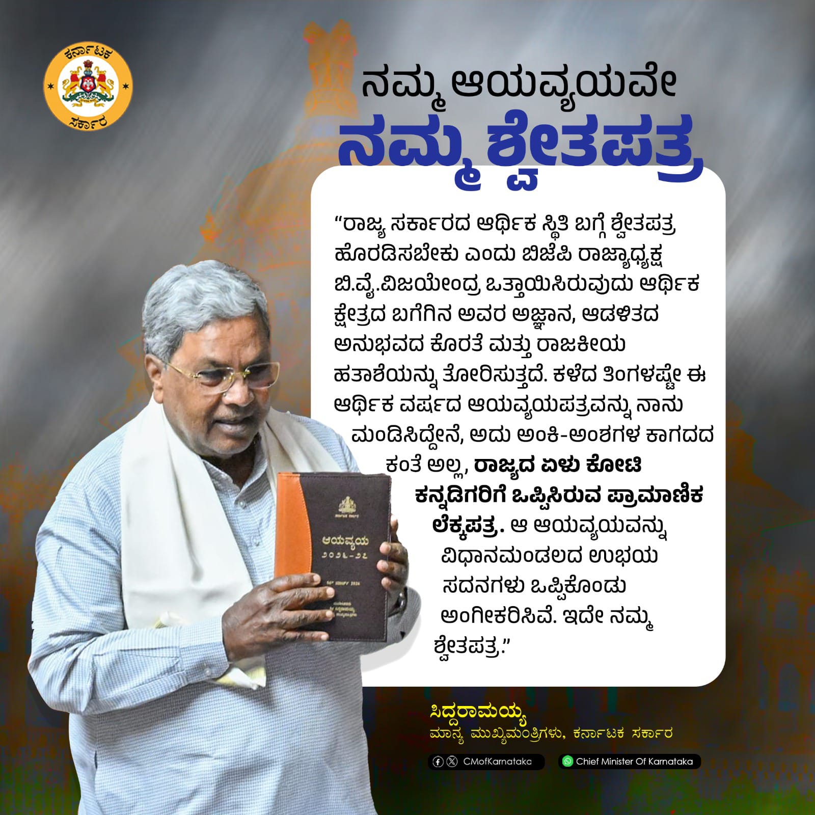 ಬಜೆಟ್ ಎಂಬುದು ಕನ್ನಡಿಗರ ಮುಂದಿರುವ ಶ್ವೇತಪತ್ರ: ಬಿ.ವೈ.ವಿಗೆ ಸಿದ್ದರಾಮಯ್ಯ ತಿರುಗೇಟು